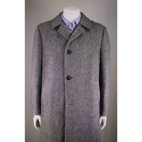Aquascutum 1980's Blue-Gray Herringbone Tweed Heavy Full Length Overcoat 42R - Picture 2 of 9